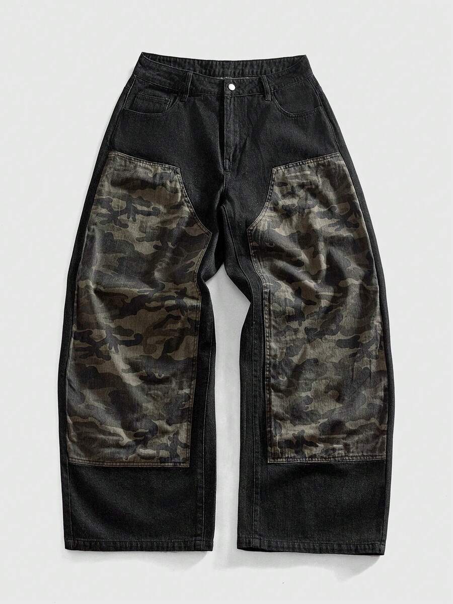 ROMWE MEN Street Life Quần jean denim nam dày dặn, rách rưới, phối nhiều mảnh - màu đen - Xem 1
