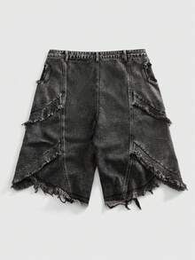ROMWE MEN Street Life Quần short denim nam dáng bất đối xứng, xếp lớp, gấu quần rách. - Màu xám đen - Xem 9