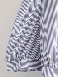 EMERY ROSE Women Blue Striped Casual Peplum Wrap Blouse With Collar Puff Half Sleeve Flared Hem - Blue - View 6