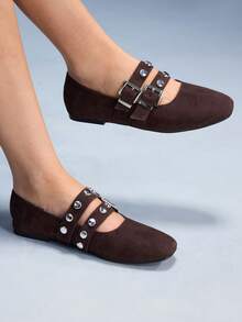 CUCCOO GRLICON Women's Rivet Decor Buckle Flat Loafers - Rust Brown - View 2
