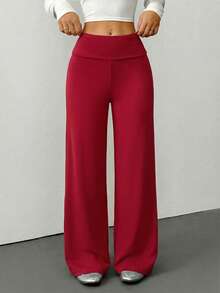 SHEIN PETITE Quần thể thao nữ màu trơn, cạp gập, ống rộng, dáng suông, thoải mái, dễ phối đồ mặc nhà mùa thu đông, quần đỏ nữ, quần ống rộng màu đỏ, quần palazzo ống rộng. - Màu Đỏ Sâu - Xem 3