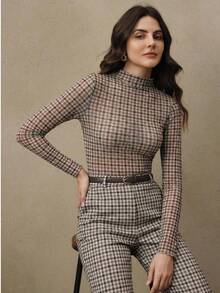 Anewsta 女士时尚复古棕色格子修身轻薄长袖夏季上衣 - 棕色 - 查看 1