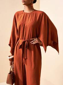 Zivah 2026 春季新品度假风音乐节复活节西部游牧风生日派对休闲街头风圆领披肩宽松系带腰身编织面料极简通勤连体裤棕色 - 咖啡棕 - 查看 6