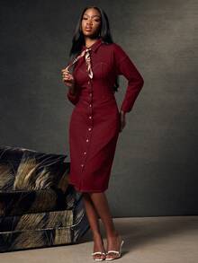 NYA SZN 连衣裙 牛仔中长款 橙紫色 休闲 商务 叠穿 舒适 端庄 优雅 街头风 纽扣前襟 秋冬 圣诞节 节日 音乐会 日常 西式 辣妹风 女装 - 酒紅色 - 查看 3