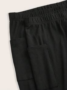 SHEIN Tall CURVE 大码女式纯色弹力腰休闲打底裤，黑色女式打底裤，打底裤套装，女士打底裤，春季女装，假日女装，休闲女装，女士运动服，黑色裤子，高腰黑色女式裤子两件套 - 黑色 - 查看 4
