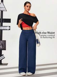 Flexra Women's Stretchy Ruched Loose Straight Leg Jeans, Blue - Medium Wash - View 6