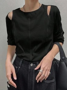 FRIFUL 女式休闲纯色镂空肩部T恤，秋季长袖上衣 - 黑色 - 查看 7