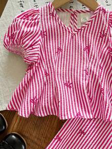 LMoss Kids Babygirl Cute Summer Bow Tie Striped Short Sleeve Top And Elastic Waist Pants Set - Purple - View 5