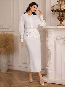 Modelyn Women's Casual Street Style Loose Shirt And High Waist Long Skirt With Chain Decor, Commuting Two Pieces Set - White - View 5