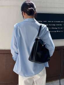 DAZY Áo sơ mi dài tay dáng rộng, thoải mái, đa năng dành cho nữ. - Màu xanh lam - Xem 3