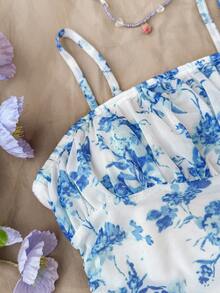 SHEIN Tween Girl Blue & White Floral Print Ruched Cami Dress,Vacation/Holiday - Blue and White - View 4