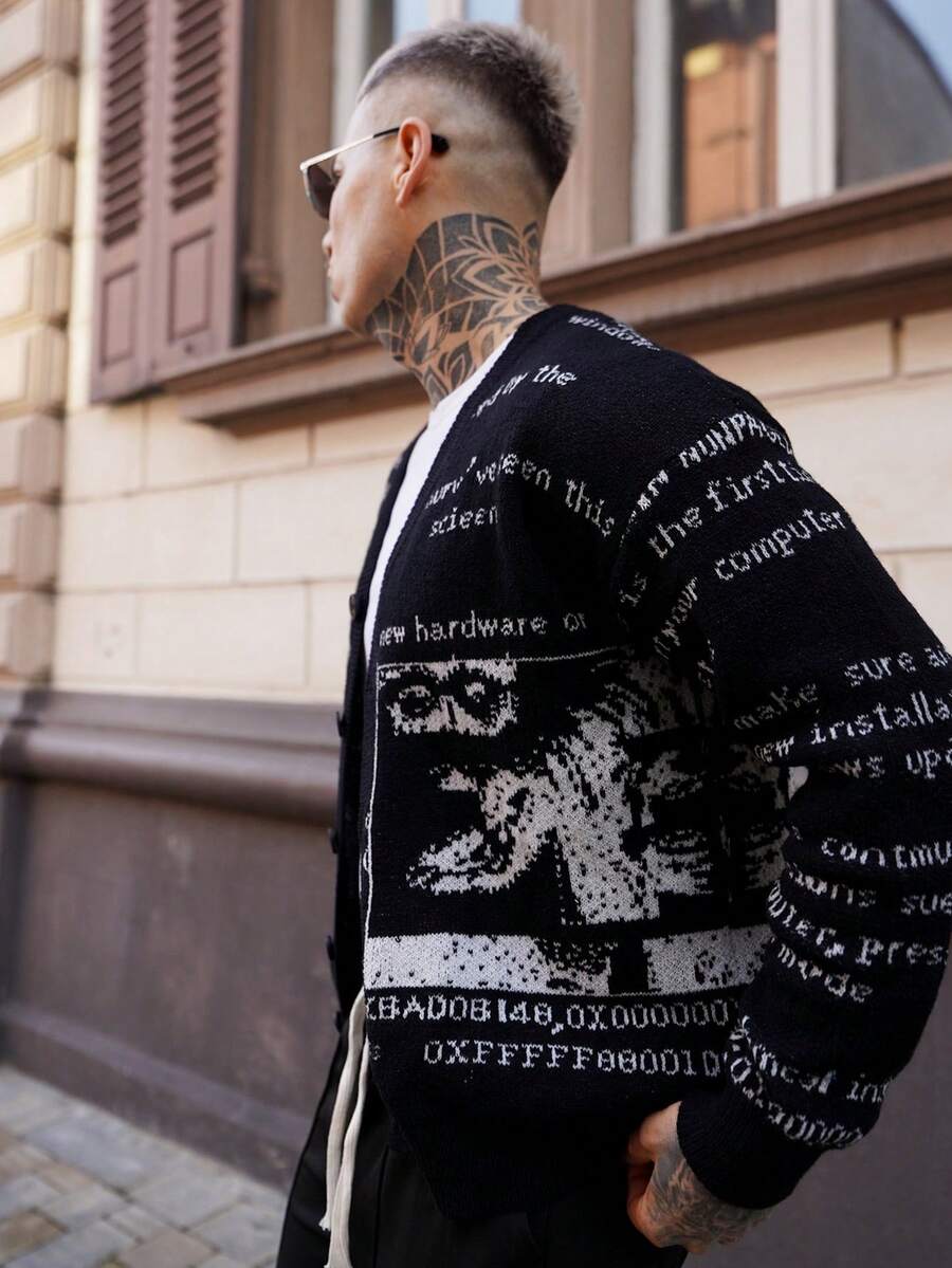 Artur Kramer Unisex Retro Abstract Letter Pattern Knitted Long Sleeve Cardigan, Casual European & Asian Style, Suitable For Spring, Autumn, Winter - Black - View 1