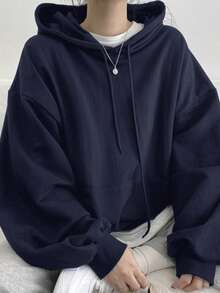 DAZY Solid Drop Shoulder Drawstring Hoodie,Fall Clothes Sweatshirt - Navy Blue - View 4