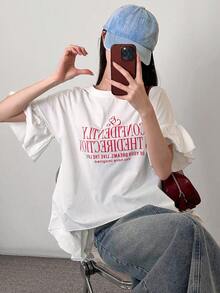 FRIFUL Women's Round Neck Loose Flare Sleeve T-Shirt With Layered Ruffle Back And Contrast Letter Print, Summer Top - White - View 4