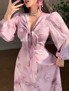 DAZY Women's Elegant Floral Print Tie Collar Puff Sleeve Mid-Length Dress, Spring/Summer Wedding Guest Dress Sundress - Pink - View 4