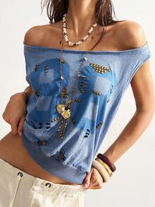 Bohemela 女士休闲纯色露肩针织T恤 - 藍色 - 查看 1