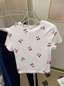 Resyla 女士时尚百搭水果数码印花修身短袖T恤，樱桃印花T恤，樱桃T恤，水果T恤 - 白色 - 查看 2