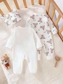 SHEIN 4pcs Newborn Baby Long Sleeve Footed Romper, Cute Bear Pattern, Soft & Comfortable Knit Pajamas, Best Gift For Newborns - Multicolor - View 2