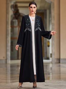 Layrah 随机米粒珠图案冰黑色流苏阿拉伯开衫长袍 - 黑色 - 查看 4