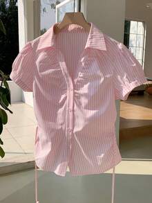 Comfortcana Áo sơ mi nữ tay ngắn phồng kẻ sọc, kiểu dáng thường ngày, thích hợp cho mùa hè. - Hồng - Xem 6