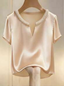 GlowEve Women's Elegant Beaded Short Sleeve Satin Blouse, Casual For Holiday, Daily, Work, Date, Party, Office Wear - Apricot - View 1