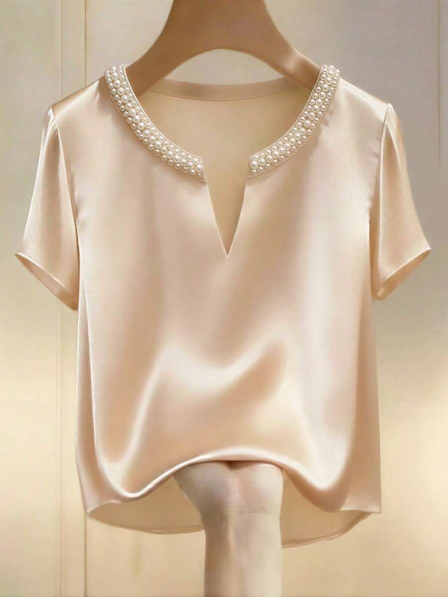 GlowEve Women's Elegant Beaded Short Sleeve Satin Blouse, Casual For Holiday, Daily, Work, Date, Party, Office Wear - Apricot - View 1