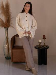 Andrea Bello Oversized Drop Shoulder Button Down Knit Cardigan Fall Cute Streetwear Festival Farmhouse , Country, Vintage, Fall Autumn Winter  Evening Party Elegant  Winter  Spring  Sweater - Cream - View 1