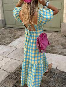 Selianne 黄绿格纹方领泡泡袖长款连衣裙 - 复古波西米亚风，适合度假、日常出行和休闲穿着，女士春夏连衣裙 - 彩色 - 查看 3