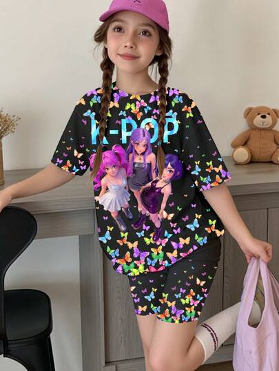 Tween Girls' Casual K-POP Girl Group Ombre Butterfly, Cartoon Character Print Short Sleeve T-Shirt And Shorts 2-Piece Set, Summer Tshirt Dress For Girls Kids Kpop Outfit Girls Clothes Y2k Girls Pajama Dress Kids Night Dress