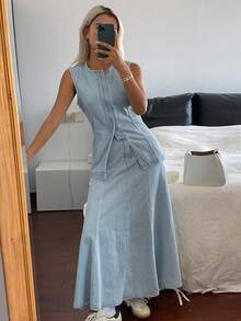 Livesso 女式无袖上衣和宽松牛仔裙套装，夏季 - 藍色 - 查看 2