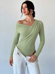 Firerie Áo croptop trắng dài tay, thanh lịch, tối giản, cổ bèo bất đối xứng dành cho nữ, phù hợp cho đi làm hàng ngày, lễ hội âm nhạc và kỳ nghỉ. - màu xanh lá - Xem 3