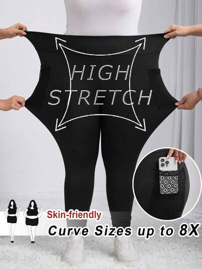 SHEIN CURVE+ Plus Size Side Pocket Sports Yoga Elastic Fitted Leggings, Breathable Fabric, Summer