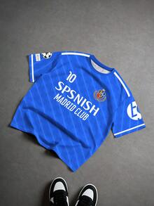 Aesthetic Post Street Style, Madrid Club Number 10 & Football Icon, Letter Print Men's Round Neck T-Shirt - Blue - View 4