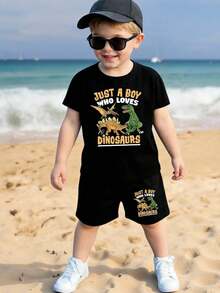 2件套幼儿男童休闲恐龙字母印花短袖T恤和短裤套装，舒适日常穿着，春夏款 - 彩色 - 查看 4
