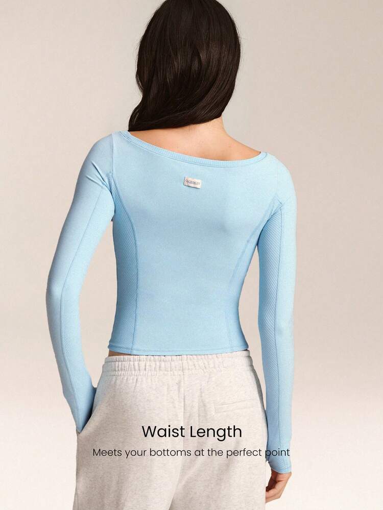 FeatherFit™ Momentum Buttery-Soft Stretchy Dividing Seam Waist Length Long Sleeve Tee Top With Thumbholes Low Impact Yoga Pilates Studio Daily Casual Wear