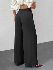 SHEIN PETITE Quần ống rộng cạp cao màu đen trơn, kiểu dáng đơn giản, dễ mặc, dành cho người thấp bé, thích hợp cho mùa Thu/Đông. - Màu xám đen - Xem 2