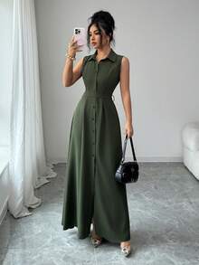 Elenzga Women's Elegant Romantic Summer Vacation Round Neck Sleeveless Waist Cinched Flowy A-Line Dress - Army Green - View 3