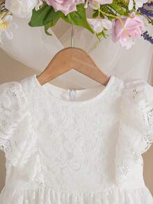 SHEIN Young Girl Elegant & Cute White Lace Ruffle Hem Dress, Young Girls - White - View 5