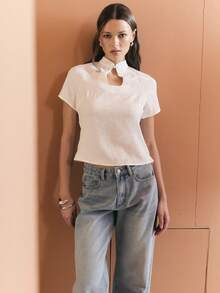 Nöista White Blouse Features A Flower Jacquard Texture, Short Sleeves, And A Keyhole Neckline With A Mandarin Collar Button. Spring, Summer Looks, Outfit, Women. - White - View 3