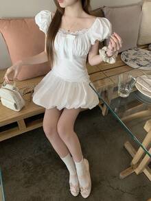 DAZY 女士V领纯色蕾丝拼接韩版泡泡袖中长连衣裙夏季 - 白色 - 查看 6