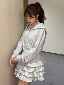 FRIFUL Women Metal Zipper Hoodie And Layered Ruffle Hem Mini Skirt 2 Pieces Set - Grey - View 4
