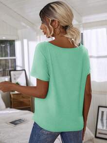 EMERY ROSE Women's Solid Color Casual Oblique Shoulder Short Sleeve T-Shirt - Mint Green - View 2