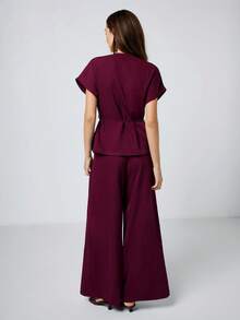 SHEIN Maija Women's Solid Color Minimalist Daily Short Sleeve Top And Pants Suit Pant Suit Summer Sets Co Ord Set Women - Burgundy - View 2