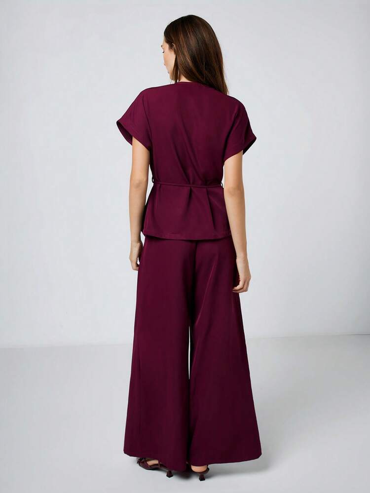 SHEIN Maija Women's Solid Color Minimalist Daily Short Sleeve Top And Pants Suit Pant Suit Summer Sets Co Ord Set Women