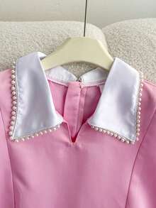 SHEIN Tween Girl Pink And White Summer Elegant Party Dress, Waist Cinched Collared Sleeveless A-Line Patchwork Design, Preppy Tween Girl Bow Casual Commuting Dress - Pink - View 5