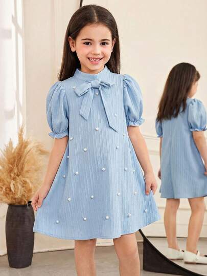 SHEIN 年轻女孩优雅修身串珠泡泡袖A字型编织纹理纯色连衣裙，饰有超大蝴蝶结