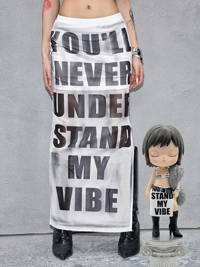 ROMWE Avant Oversized English Text Mesh Blurry Print Slim Fit Maxi Skirt