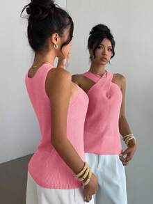 Selianne 女士纯色吊带休闲百搭日常针织上衣 - 粉色 - 查看 2