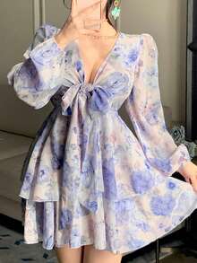 DAZY French Style Pink Floral V-Neck Long Sleeve Dress, Tie-Waist Chiffon A-Line Mini Skirt, Spring - Baby Blue - View 9