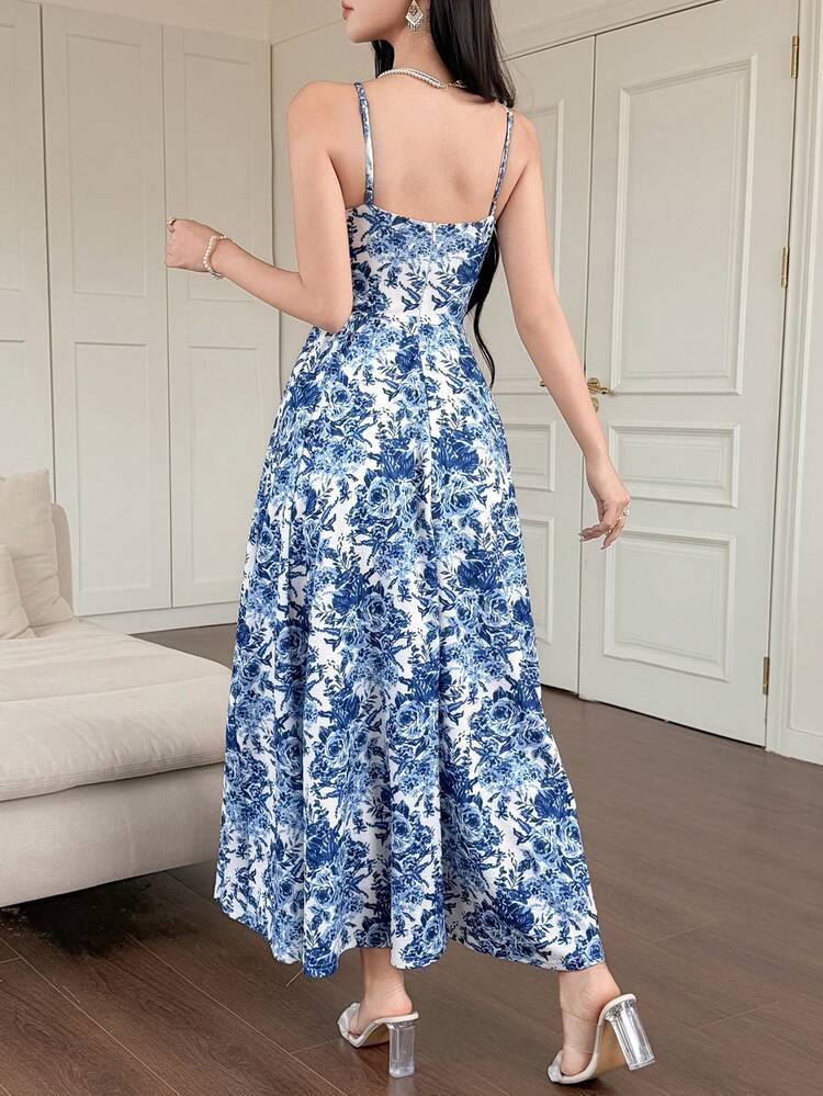 Women's Elegant Floral Print Contrast Color Sleeveless Dress, Summer Wedding Guest Dress Sundress Boho